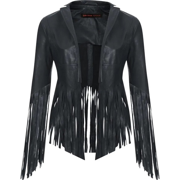 Kate Moss for Topshop Deep Charcoal Navy Fringed Leather Jacket - Picture 5 of 16